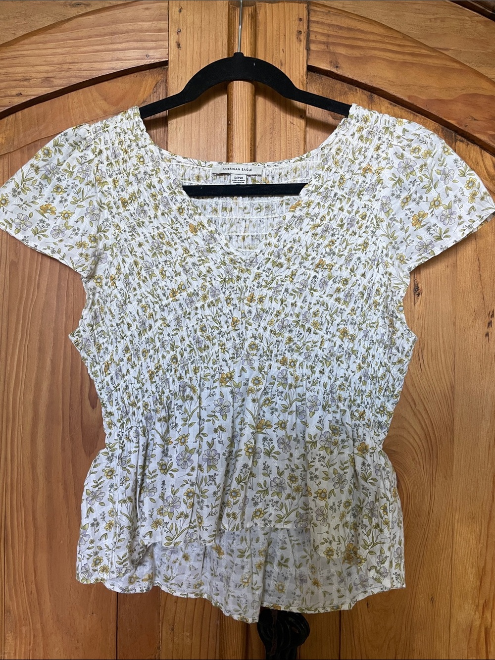 American Eagle Outfitters Cotton Floral Smocked Peplum Blouse